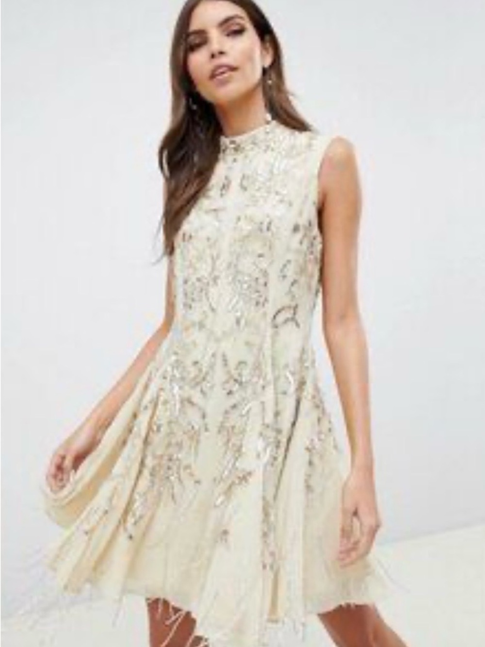 ASOS Cream Mini Dress with Gold Sequin Bead Embroidery Sz 4 - Picture 3 of 14